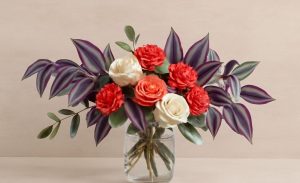 Floral arrangement with Wandering Jew plant, roses, dahlias, and eucalyptus in a glass vase.