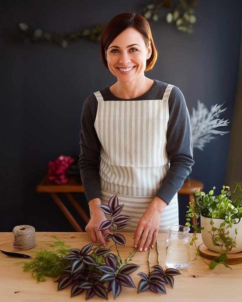 Woman arranging Wandering Jew plant cuttings on a wooden table